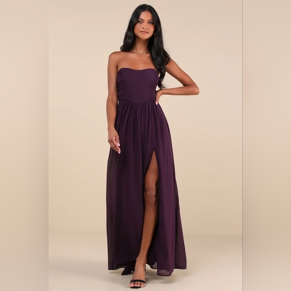 Lulus Luxe Favorite Dark Purple Strapless Ruched Maxi Dress L Wedding Party Prom - Picture 2 of 9